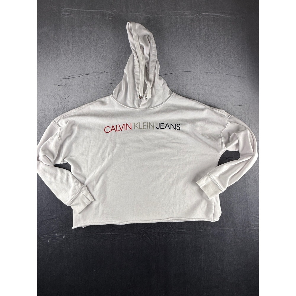 Calvin Klein Jeans Womens White Logo Cropped Hoodie American Flag Graphic XL